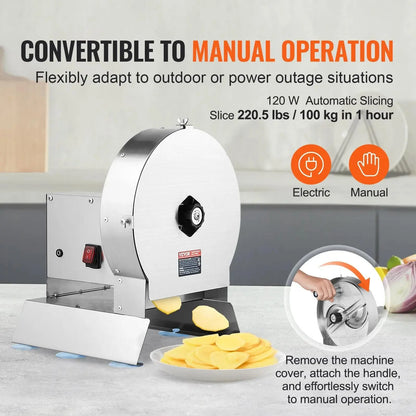【Back to School】VEVOR Electric Vegetable Slicer - Kitchen Accessories, Dual Modes (Electric/Manual), 0-0.5in/0-12mm Accurate Thickness Adjustable, Stainless Steel, for Hotels, Slice Fruits/Vegs