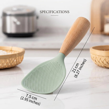 3 PCS Silicone Spoon with Wooden Handle, Heat-Insulation & Heat-Resistant Multifunctional Spatula Spoon for Rice Cooker, Practical Kitchen Tool for Home & Restaurant, Kitchen Cooking Accessories, Wooden Cooking Tools, Kitchen Utensils-YY1