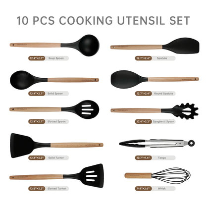 NULAS Silicone Cooking Utensils Set 10 Pcs - BPA Free Kitchen Utensil Set with Heat-Resistant Wood Handles, Non-Scratch Spatula Set Safe for Nonstick Cookware (Black) summerwins,home essentials sohochic