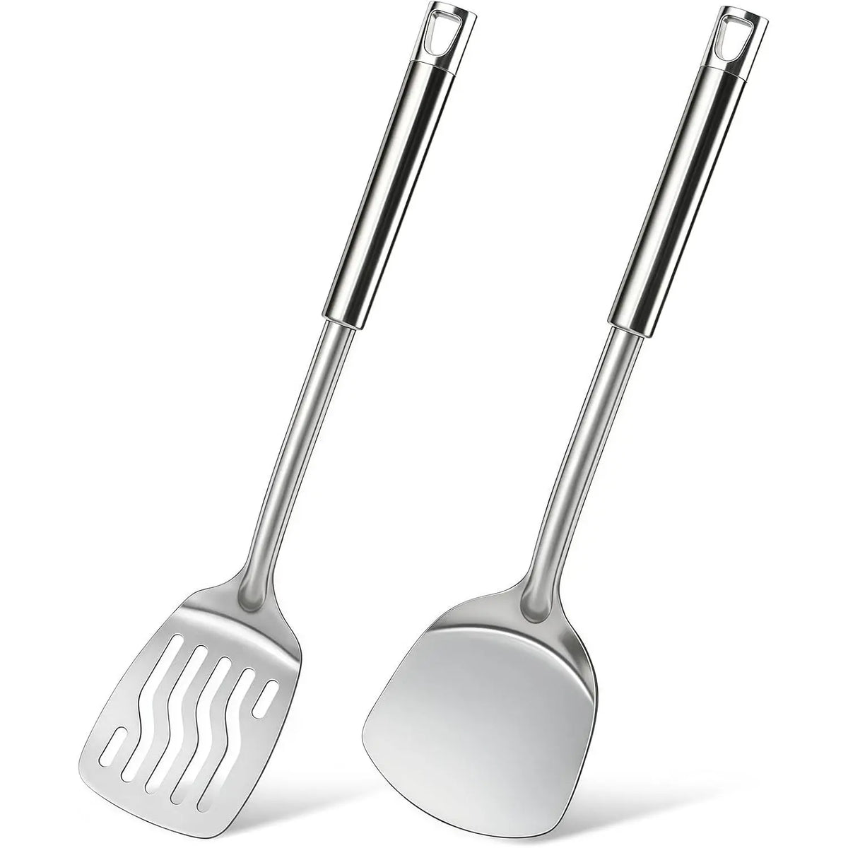 2 Pcs Stainless Steel Spatulas Set, Metal Spatula Solid & Slotted Turner, Heavy Duty Sturdy Spatula for Kitchen Use, High Heat Resistant Cooking Utensils for Fish Eggs Pancakes, Easy to Clean, Silver