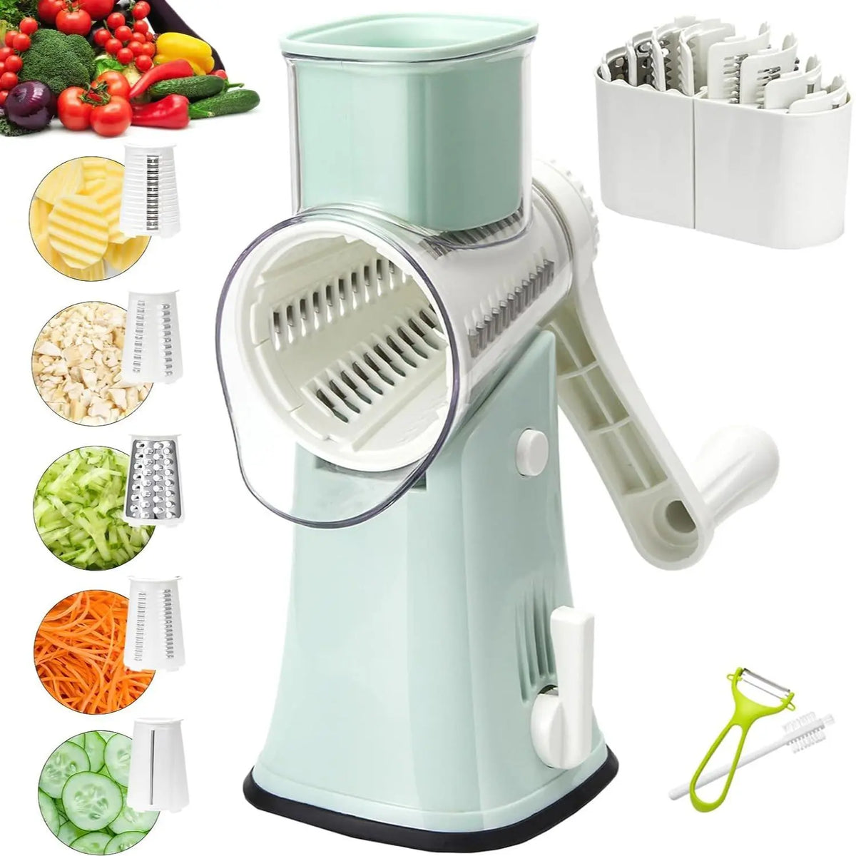 Rotary Cheese Grater with 5 Interchangeable Blade Shapes, Food Shredder Tool for Kitchen - Stable Suction, Easy to Operate, Shreds Cheese Fine Kitchen Utensil for Potato, Zucchini