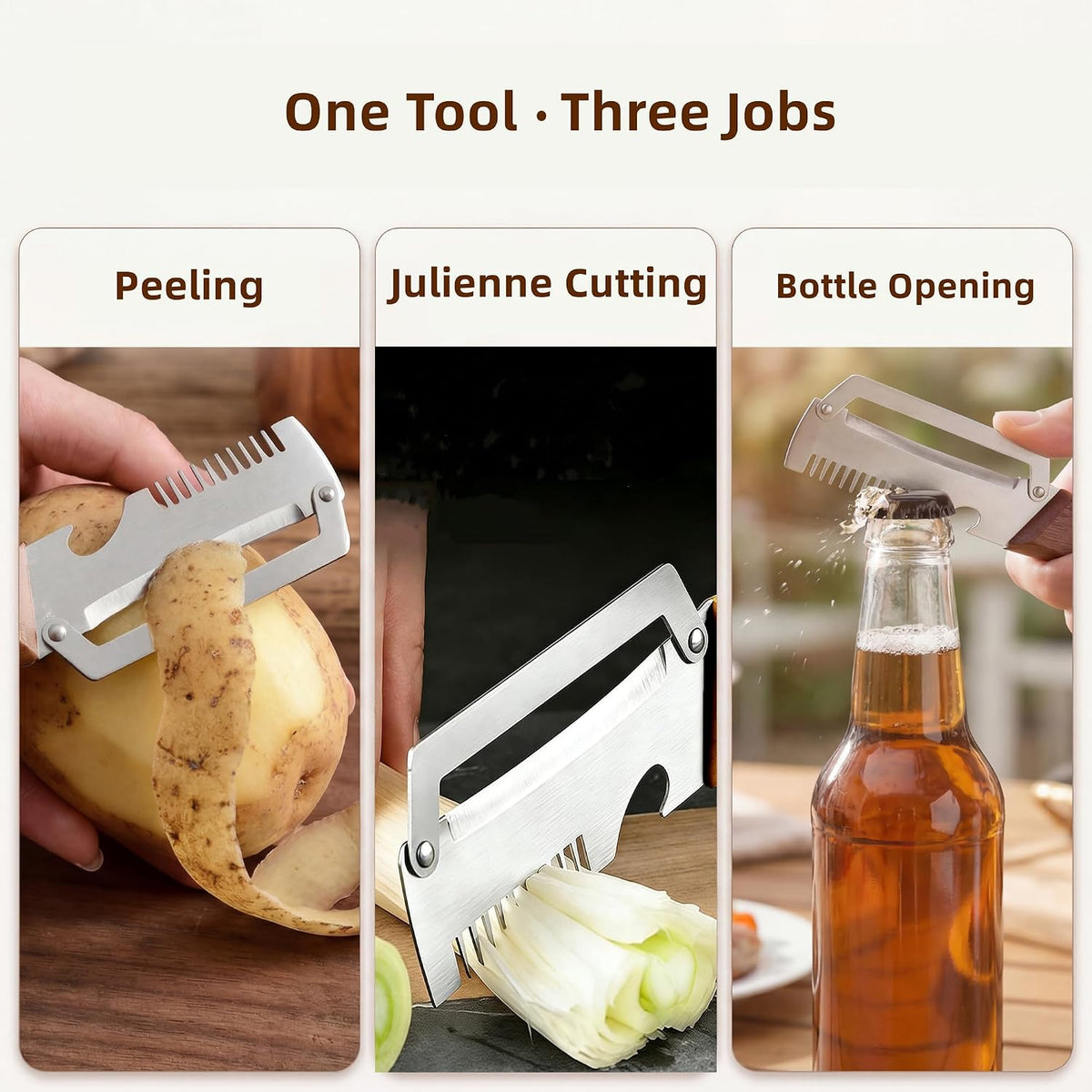 3-in-1 Vegetable Peeler, Julienne & Opener – Steel Blade, Wood Handle（Z1）