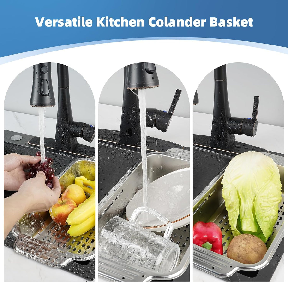 Over the Sink Colander Strainer Basket, ALL METAL Extendable Drain Colander