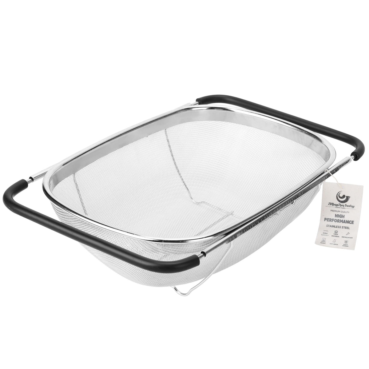 ZDRongZhen Kitchen Accessories Over the Sink Colander Strainer Basket，Stainless Steel Colander with Expandable Rubber Grip Sink Drainer-Rinse Vegetables Fruits &Strain&Drain (Large-Fine mesh)