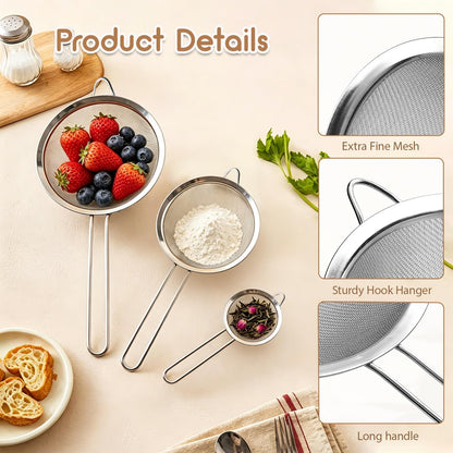 Fine Mesh Strainer Set of 3, Stainless Steel Sieve Sifters with handle, Medium Small Mini Size, Kitchen Strainers Colander Set for Sifting, Straining & Cooking(2.2"/3.9"/5.5")