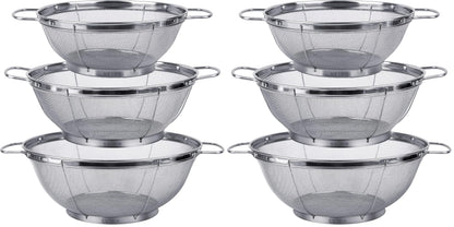 3 Pack 18/8 Stainless Steel Colander Sieves(5-Quart, 4-Quart and 3-Quart), Mesh Strainer Net Baskets with Handles & Resting Base for Strain, Drain, Rinse or Steam