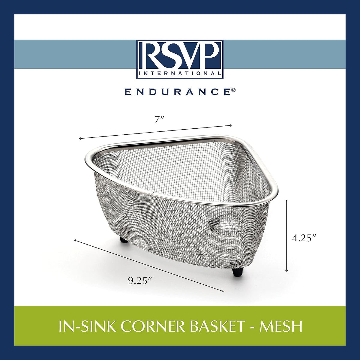 RSVP International Endurance® In-Sink Mesh Colander Strainer Basket, 3 Quart | Organize Sponges, Collect Food Scraps | Dishwasher Safe | Small Corner Basket | Steaming, Draining & Rinsing