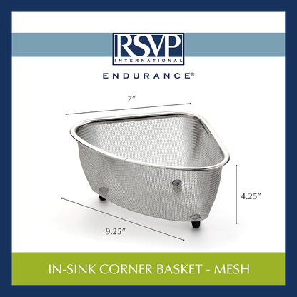 RSVP International Endurance® In-Sink Mesh Colander Strainer Basket, 3 Quart | Organize Sponges, Collect Food Scraps | Dishwasher Safe | Small Corner Basket | Steaming, Draining & Rinsing