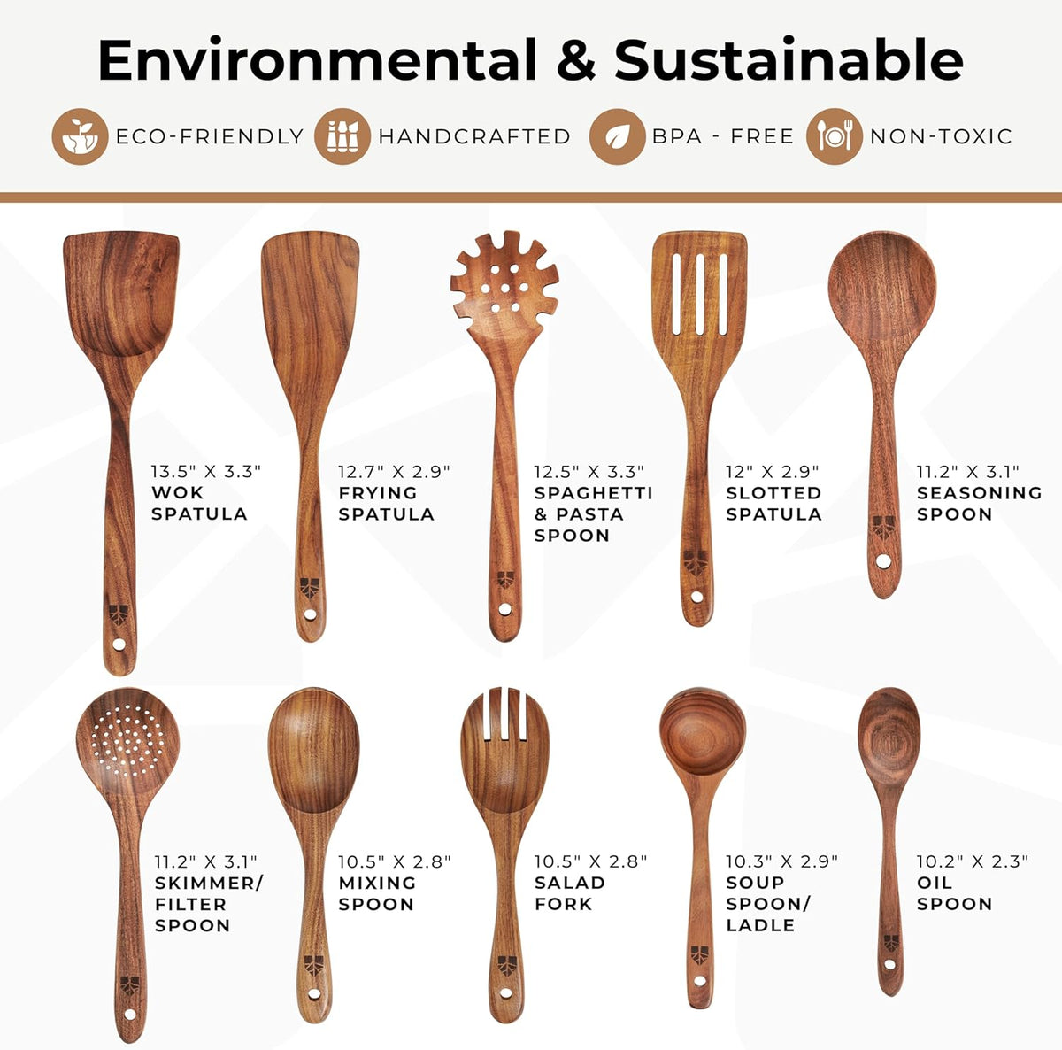 Wooden Spoons for Cooking – 10 Pcs Non Toxic Teak Kitchen Utensils Set