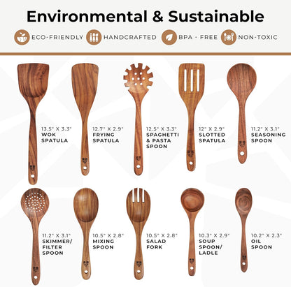 Wooden Spoons for Cooking – 10 Pcs Non Toxic Teak Kitchen Utensils Set