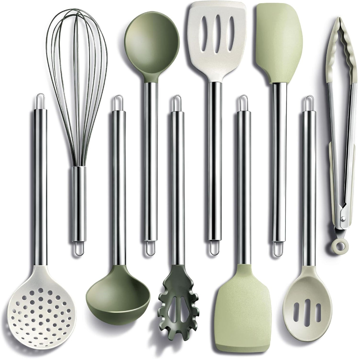 COOK WITH COLOR Silicone Cooking Utensils, Kitchen Utensil Set, Easy to Clean Silicone Kitchen Utensils, Cooking Utensils for Nonstick Cookware, Kitchen Gadgets Set, 10 Pieces, Green