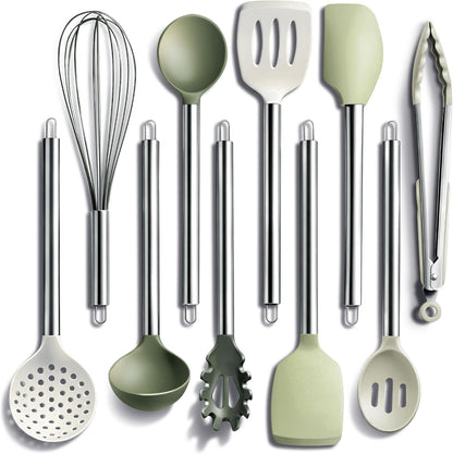 COOK WITH COLOR Silicone Cooking Utensils, Kitchen Utensil Set, Easy to Clean Silicone Kitchen Utensils, Cooking Utensils for Nonstick Cookware, Kitchen Gadgets Set, 10 Pieces, Green