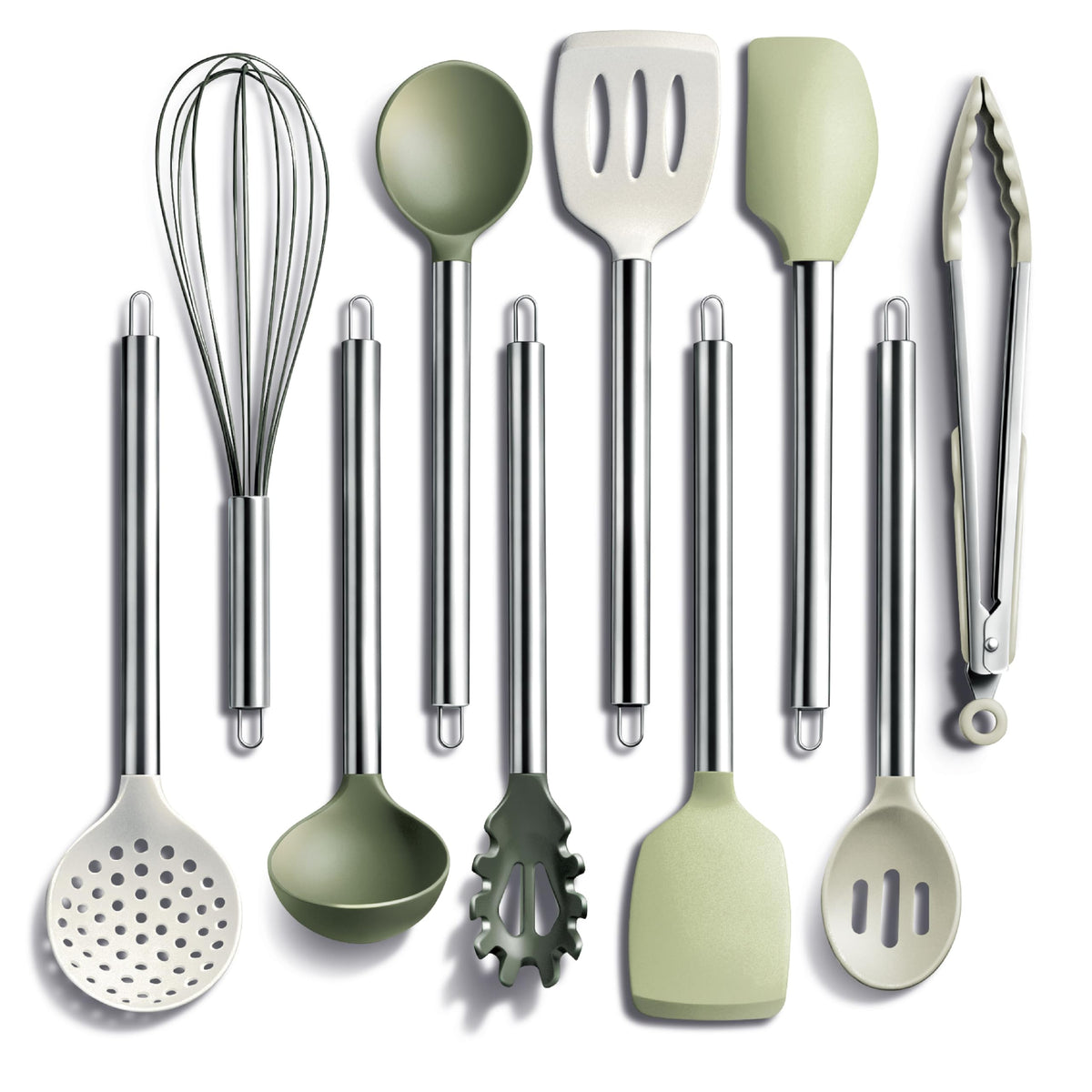 COOK WITH COLOR Silicone Cooking Utensils, Kitchen Utensil Set, Easy to Clean Silicone Kitchen Utensils, Cooking Utensils for Nonstick Cookware, Kitchen Gadgets Set, 10 Pieces, Green