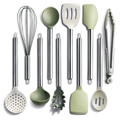 COOK WITH COLOR Silicone Cooking Utensils, Kitchen Utensil Set, Easy to Clean Silicone Kitchen Utensils, Cooking Utensils for Nonstick Cookware, Kitchen Gadgets Set, 10 Pieces, Green