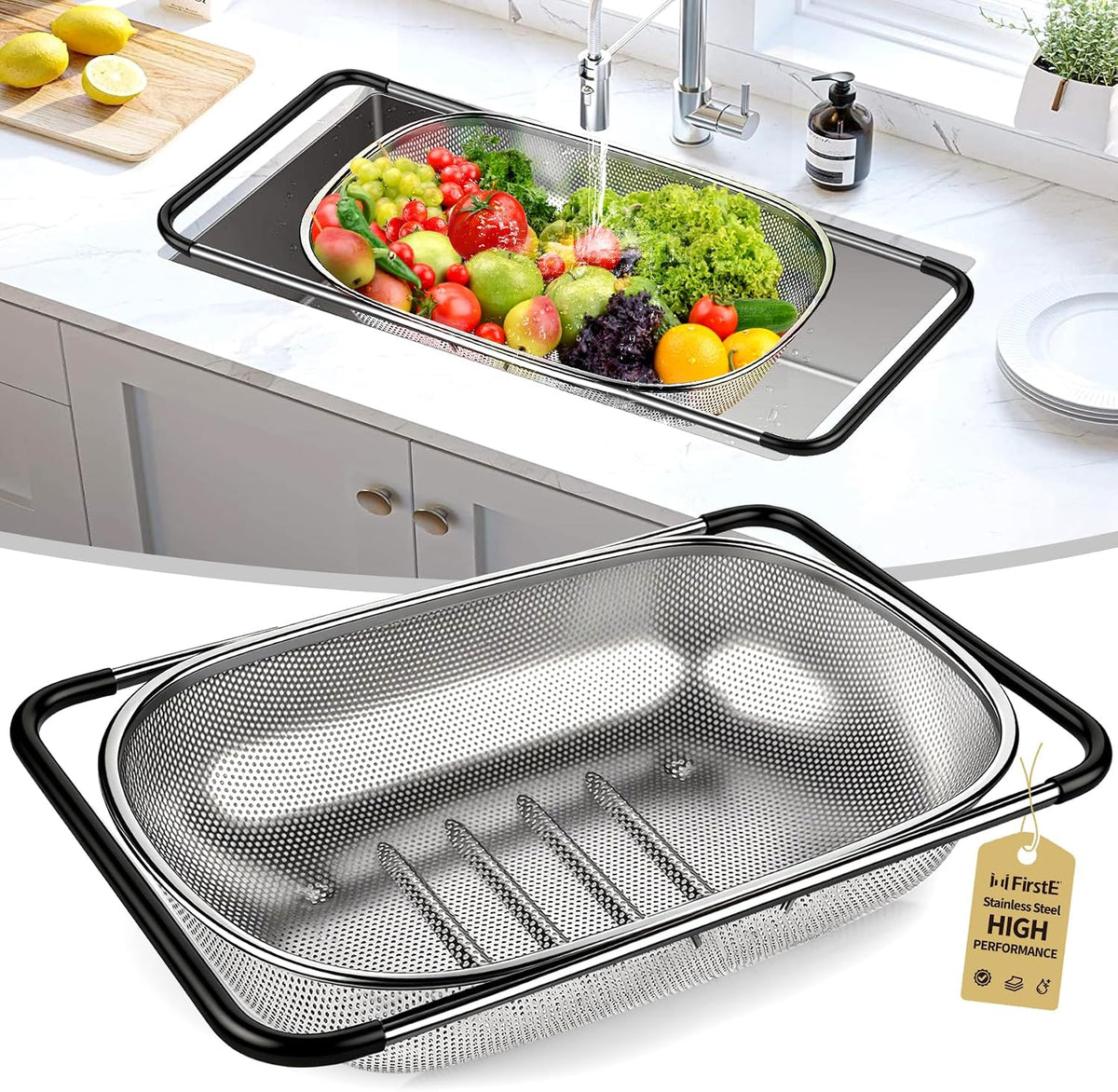 FirstE Stainless Steel Over the Sink Colander Strainer Basket 6 Quart