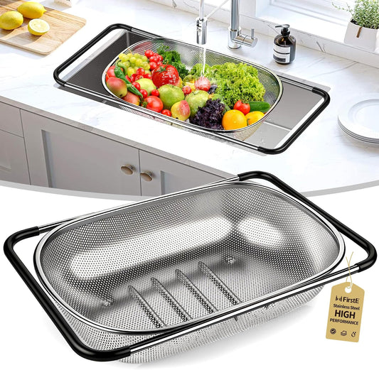 FirstE Stainless Steel Over the Sink Colander Strainer Basket 6 Quart