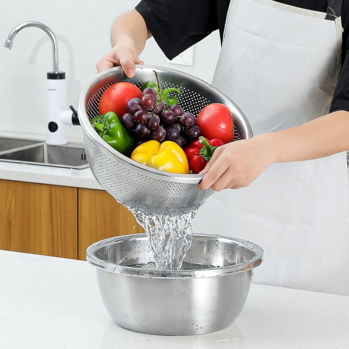 Paoli 304 Stainless Steel Fine Mesh Colander Set, 2QT Large Capacity Strainer with Mixing Bowl — Rinse Fruits, Veggies, Rice & Drain Pasta, Dishwasher Safe (2-Piece)