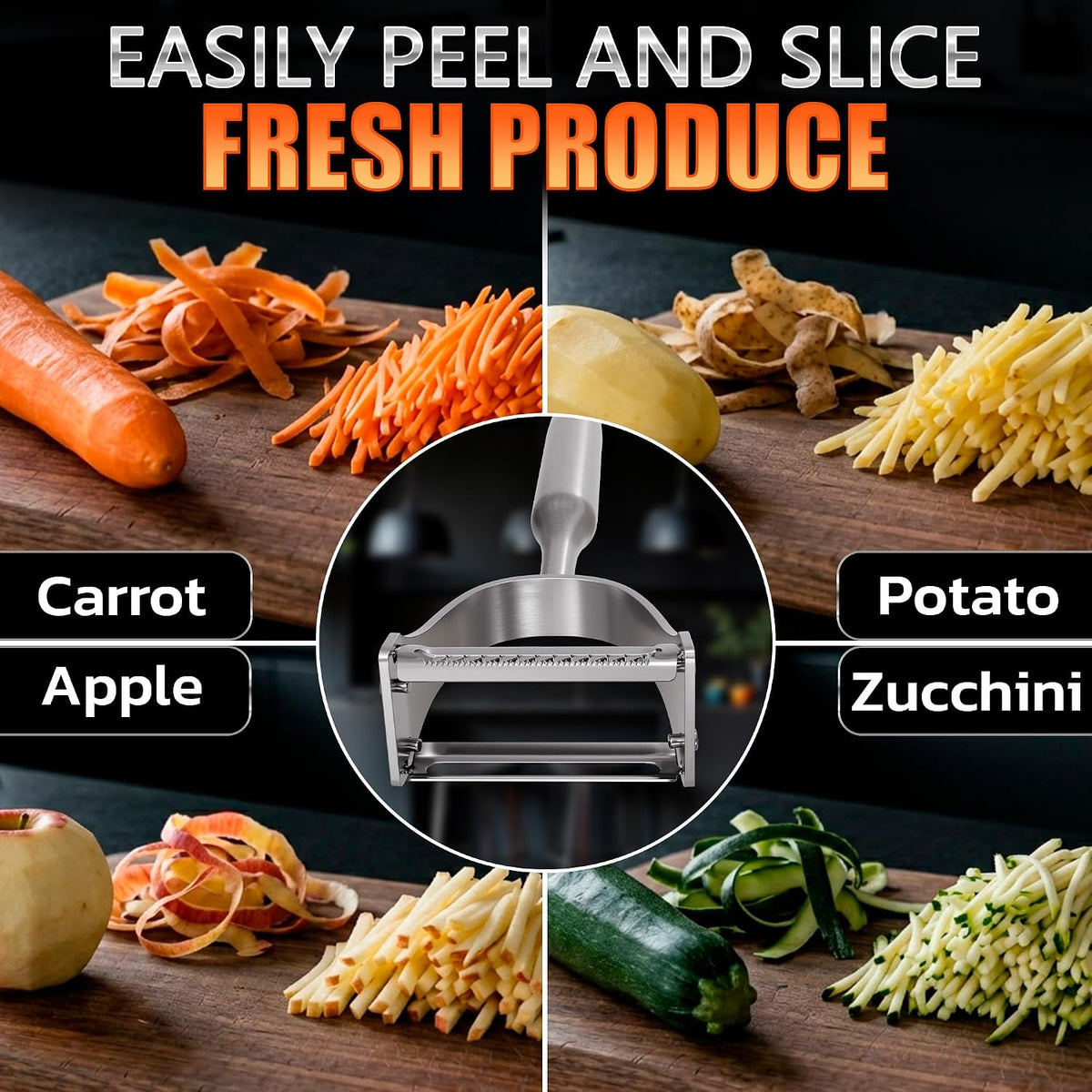 Stainless Steel Vegetable Peeler, 2-in-1 Peeler and Julienne Shredder Tool with Dual-Sided 420J2 Sharp Blade That Replaces Two Tools for Carrots, Cabbage, Potatoes, Cucumber, 5.6-Inch Ergonomic Handle