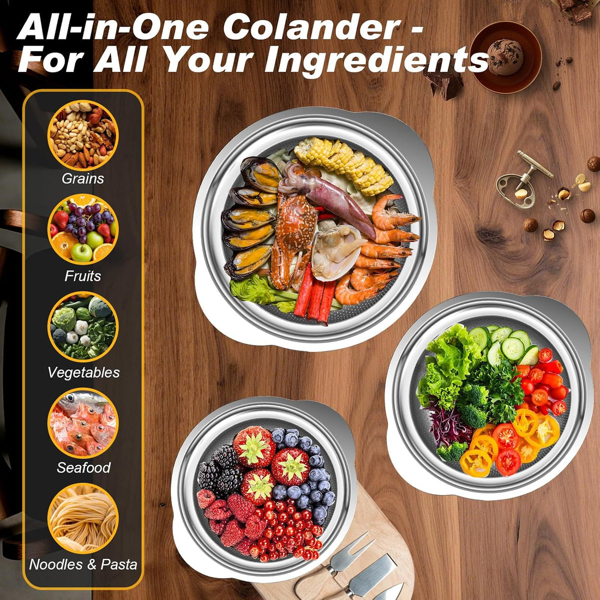 Colander, Stainless Steel Colander for Kitchen, 3Pcs Kitchen Gadget Food Strainer Basket with Handle, Kitchen Strainer Colanders Bowl for Pasta Noodles Spaghetti Vegetables Fruit (2QT, 3QT, 5QT)