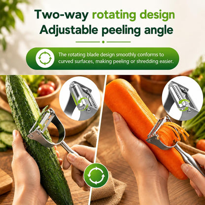 Stainless Steel Vegetable Peeler, 2-in-1 Peeler and Julienne Shredder Tool with Dual-Sided 420J2 Sharp Blade That Replaces Two Tools for Carrots, Cabbage, Potatoes, Cucumber, 5.6-Inch Ergonomic Handle