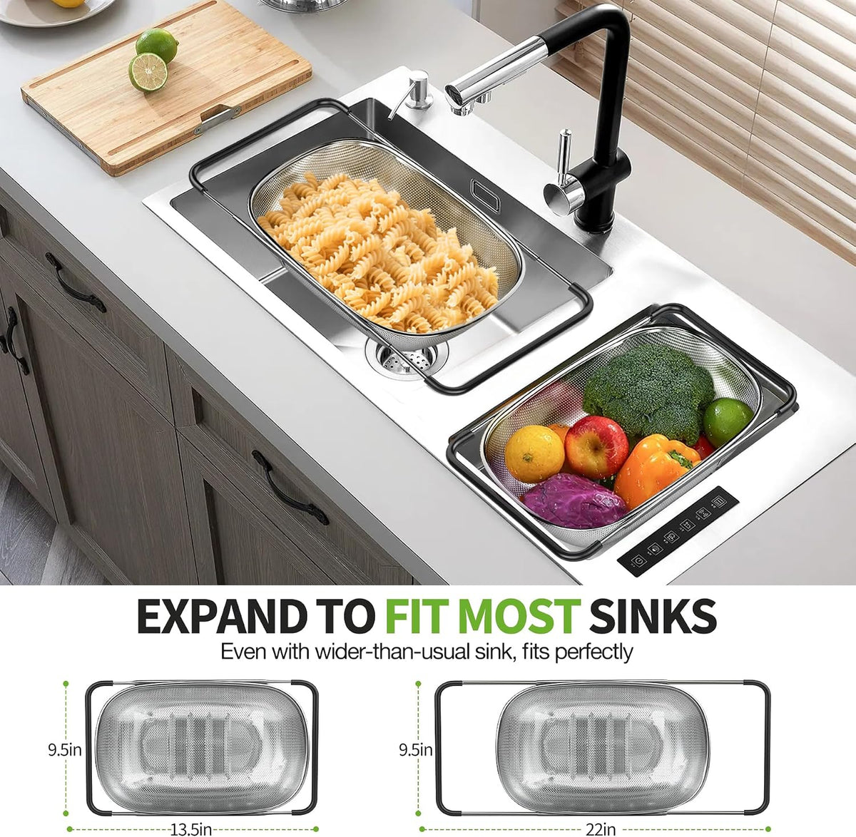 FirstE Stainless Steel Over the Sink Colander Strainer Basket 6 Quart