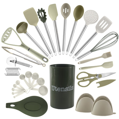 COOK WITH COLOR Silicone Cooking Utensils, Kitchen Utensil Set, Easy to Clean Silicone Kitchen Utensils, Cooking Utensils for Nonstick Cookware, Kitchen Gadgets Set, 10 Pieces, Green