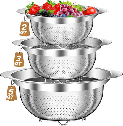 Colander, Stainless Steel Colander for Kitchen, 3Pcs Kitchen Gadget Food Strainer Basket with Handle, Kitchen Strainer Colanders Bowl for Pasta Noodles Spaghetti Vegetables Fruit (2QT, 3QT, 5QT)