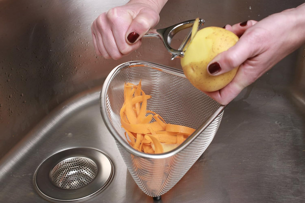 RSVP International Endurance® In-Sink Mesh Colander Strainer Basket, 3 Quart | Organize Sponges, Collect Food Scraps | Dishwasher Safe | Small Corner Basket | Steaming, Draining & Rinsing