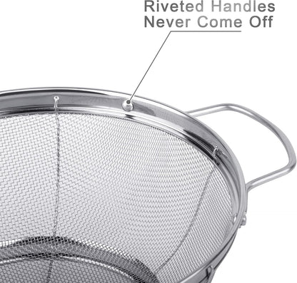 3 Pack 18/8 Stainless Steel Colander Sieves(5-Quart, 4-Quart and 3-Quart), Mesh Strainer Net Baskets with Handles & Resting Base for Strain, Drain, Rinse or Steam