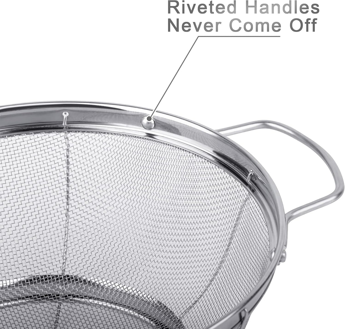 5 Pack 18/8 Stainless Steel Colander Sieves, Multi Size Mesh Strainer Net Baskets with Handles & Resting Base for Strain, Drain, Rinse or Steam