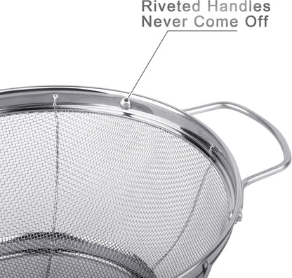 5 Pack 18/8 Stainless Steel Colander Sieves, Multi Size Mesh Strainer Net Baskets with Handles & Resting Base for Strain, Drain, Rinse or Steam