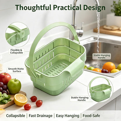 Foldable Hanging Sink Drain Basket, Stretchable Kitchen Colander with Handle, Space Saving Multi-functional Kitchen Storage Basket Draining for Food, Fruits, Vegetables, Utensils(White)