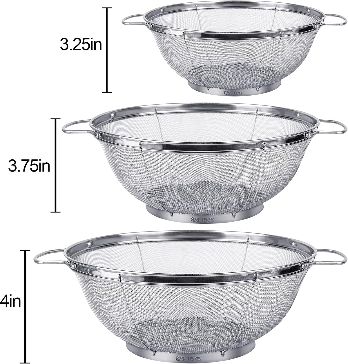 3 Pack 18/8 Stainless Steel Colander Sieves(5-Quart, 4-Quart and 3-Quart), Mesh Strainer Net Baskets with Handles & Resting Base for Strain, Drain, Rinse or Steam