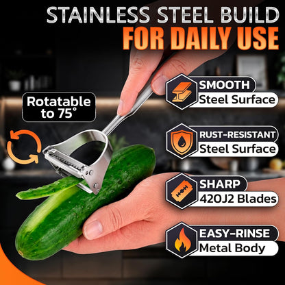 Stainless Steel Vegetable Peeler, 2-in-1 Peeler and Julienne Shredder Tool with Dual-Sided 420J2 Sharp Blade That Replaces Two Tools for Carrots, Cabbage, Potatoes, Cucumber, 5.6-Inch Ergonomic Handle