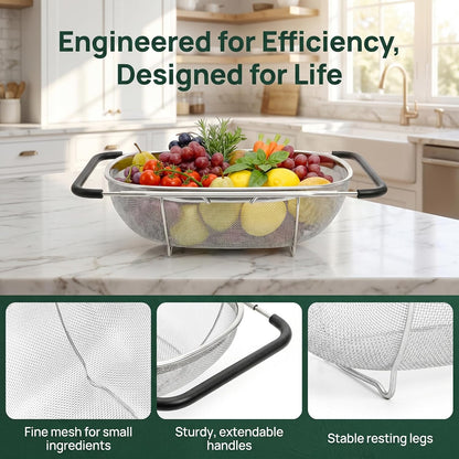 2 Pack Over the Sink Oval Colander for Kitchen, Stainless Steel Fine Mesh 6 Quart Strainer Basket with Expandable Rubber Grip Handles for Straining, Draining, Rinsing Fruits, Vegetables