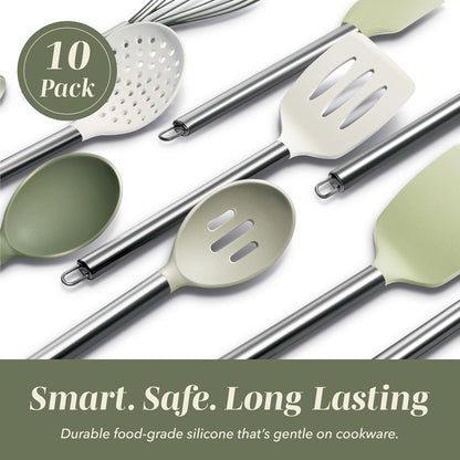 COOK WITH COLOR Silicone Cooking Utensils, Kitchen Utensil Set, Easy to Clean Silicone Kitchen Utensils, Cooking Utensils for Nonstick Cookware, Kitchen Gadgets Set, 10 Pieces, Green