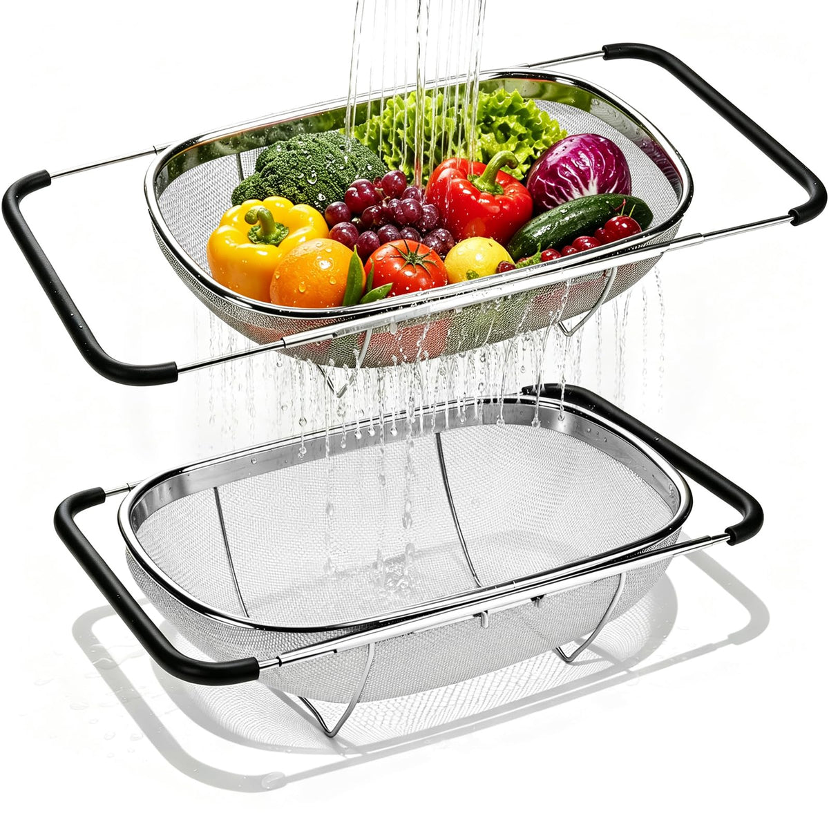 Palksky Stainless Steel Colander Set with Self-Draining Base, 3 Sizes Colanders & Food Strainers for Pasta, Rice, Fruits & Veggies, Metal Colander with Draining Plate for Sink or Countertop
