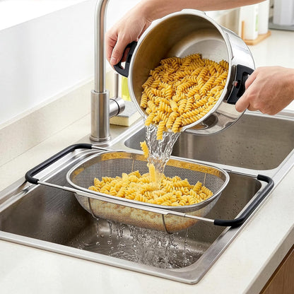 2 Pack Over the Sink Oval Colander for Kitchen, Stainless Steel Fine Mesh 6 Quart Strainer Basket with Expandable Rubber Grip Handles for Straining, Draining, Rinsing Fruits, Vegetables