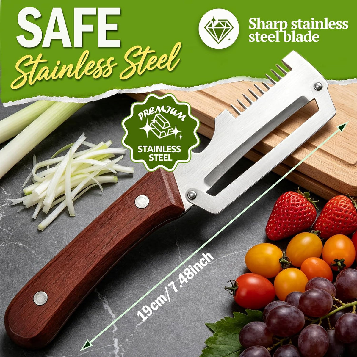 Hendiy 3-in-1 Vegetable Peeler, Wood Handle Stainless Steel Wide Blade Peeler with Scallion Shredder & Bottle Opener, Ultra-Sharp Multi-Function Veggie Peeler for Kitchen, Camping & Travel (1 Pack)