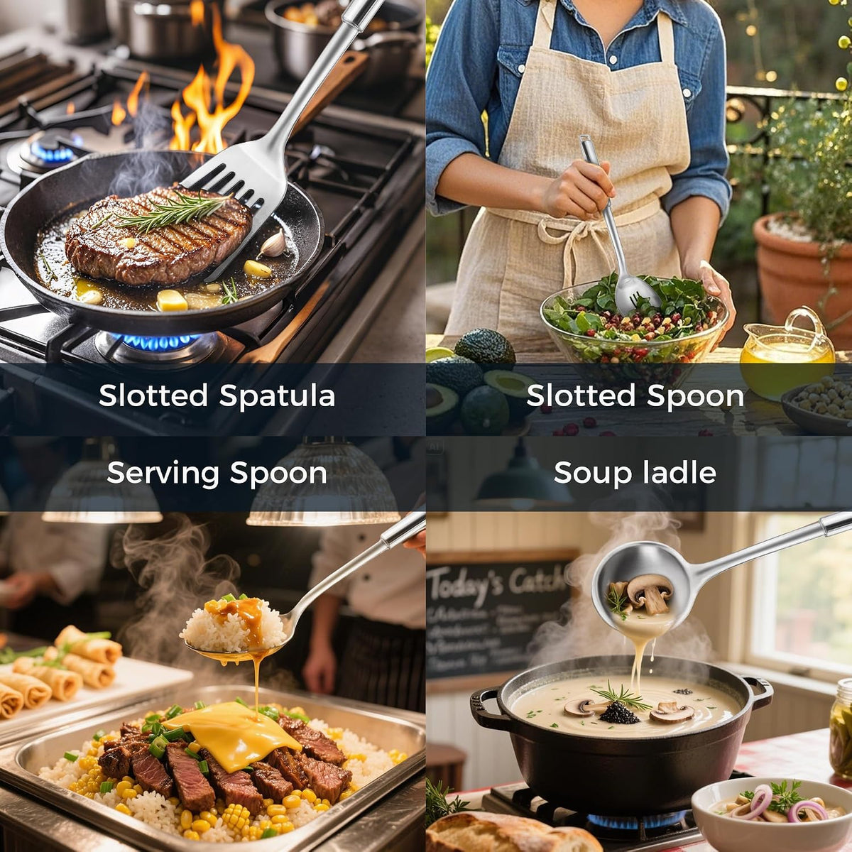 18/0 Stainless Steel Kitchen Cooking Utensil Set, Ergonomic Handle, Dishwasher Safe, Slotted Spoon, Ladle, Turner, Serving Spoon for Housewarming Daily Use Commercial, Pack of 4