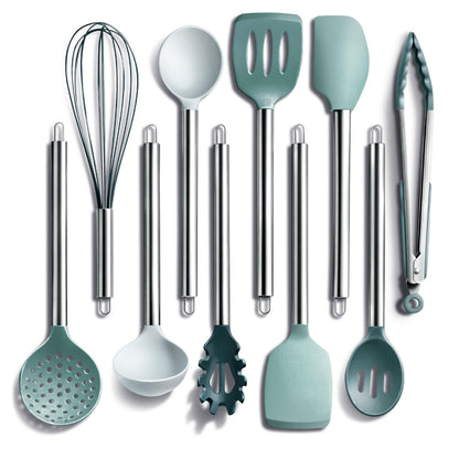 COOK WITH COLOR Silicone Cooking Utensils, Kitchen Utensil Set, Easy to Clean Silicone Kitchen Utensils, Cooking Utensils for Nonstick Cookware, Kitchen Gadgets Set, 10 Pieces, Green