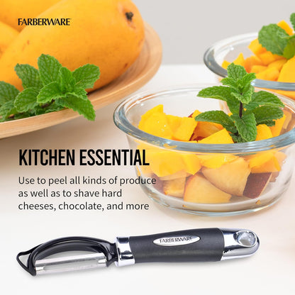 Farberware Pro2 Euro Vegetable Peeler with Swivel Blade and Built-In Bud Remover, Razor-Sharp Rust-Resistant Stainless Steel, Ergonomic Handle, Dishwasher Safe