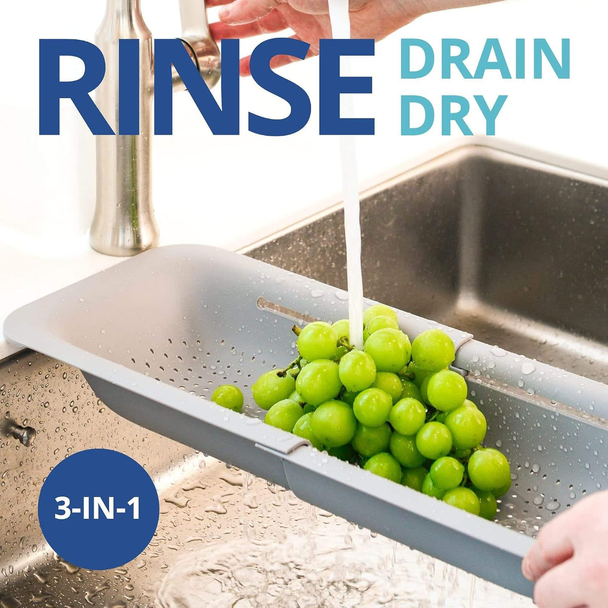 Expandable Over the Sink Colander, Kitchen Strainer Basket for Washing Fruits, Vegetables & Draining Pasta, White