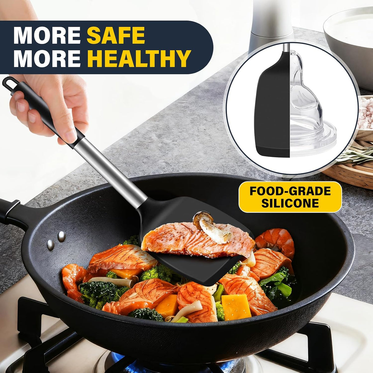 2 Pack Silicone Spatula Set, Solid & Slotted Turner for Non-Stick Pans