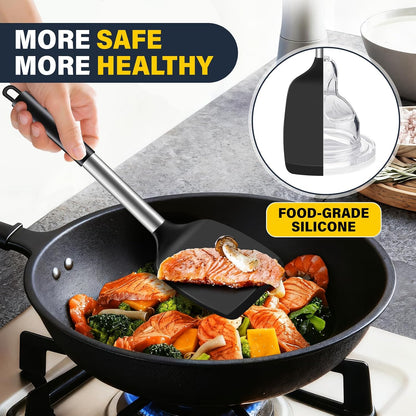 2 Pack Silicone Spatula Set, Solid & Slotted Turner for Non-Stick Pans