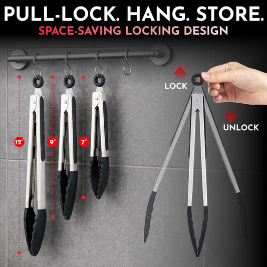 Kitchen Tongs - 12, 9 & 7 Inch Locking Silicone Tongs for Cooking, Set of 3
