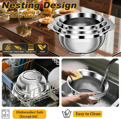 Colander, Stainless Steel Colander for Kitchen, 3Pcs Kitchen Gadget Food Strainer Basket with Handle, Kitchen Strainer Colanders Bowl for Pasta Noodles Spaghetti Vegetables Fruit (2QT, 3QT, 5QT)