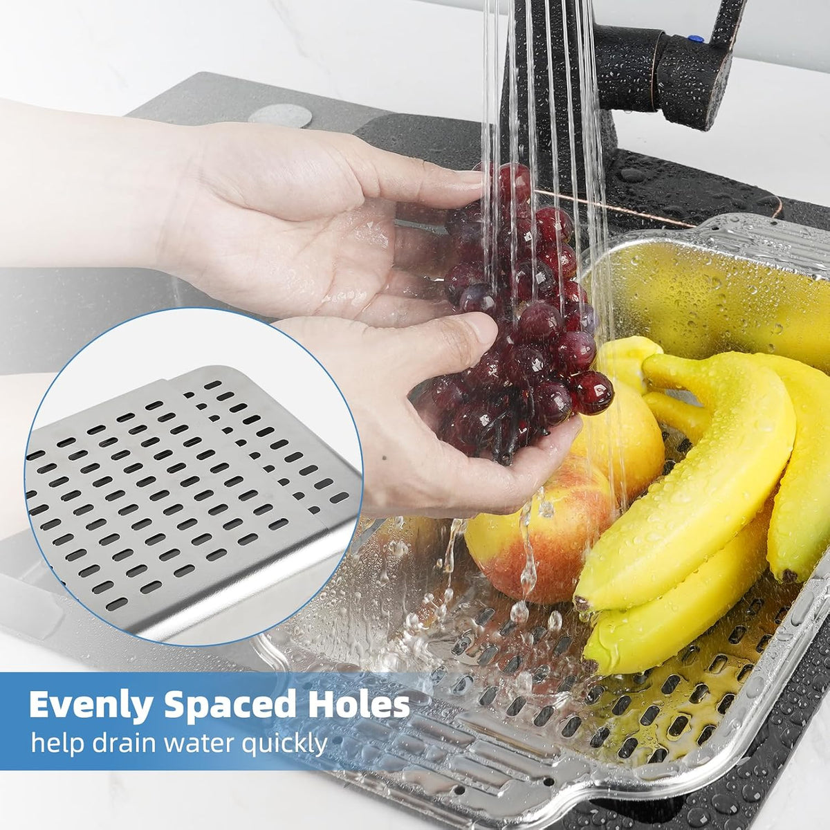 Over the Sink Colander Strainer Basket, ALL METAL Extendable Drain Colander