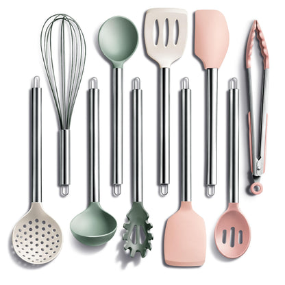 COOK WITH COLOR Silicone Cooking Utensils, Kitchen Utensil Set, Easy to Clean Silicone Kitchen Utensils, Cooking Utensils for Nonstick Cookware, Kitchen Gadgets Set, 10 Pieces, Green