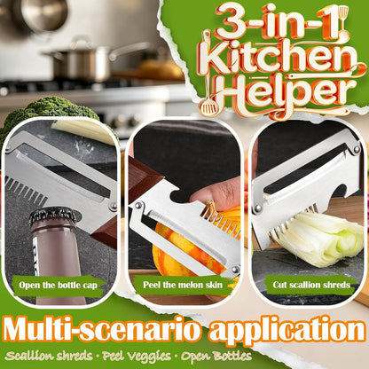 Hendiy 3-in-1 Vegetable Peeler, Wood Handle Stainless Steel Wide Blade Peeler with Scallion Shredder & Bottle Opener, Ultra-Sharp Multi-Function Veggie Peeler for Kitchen, Camping & Travel (1 Pack)